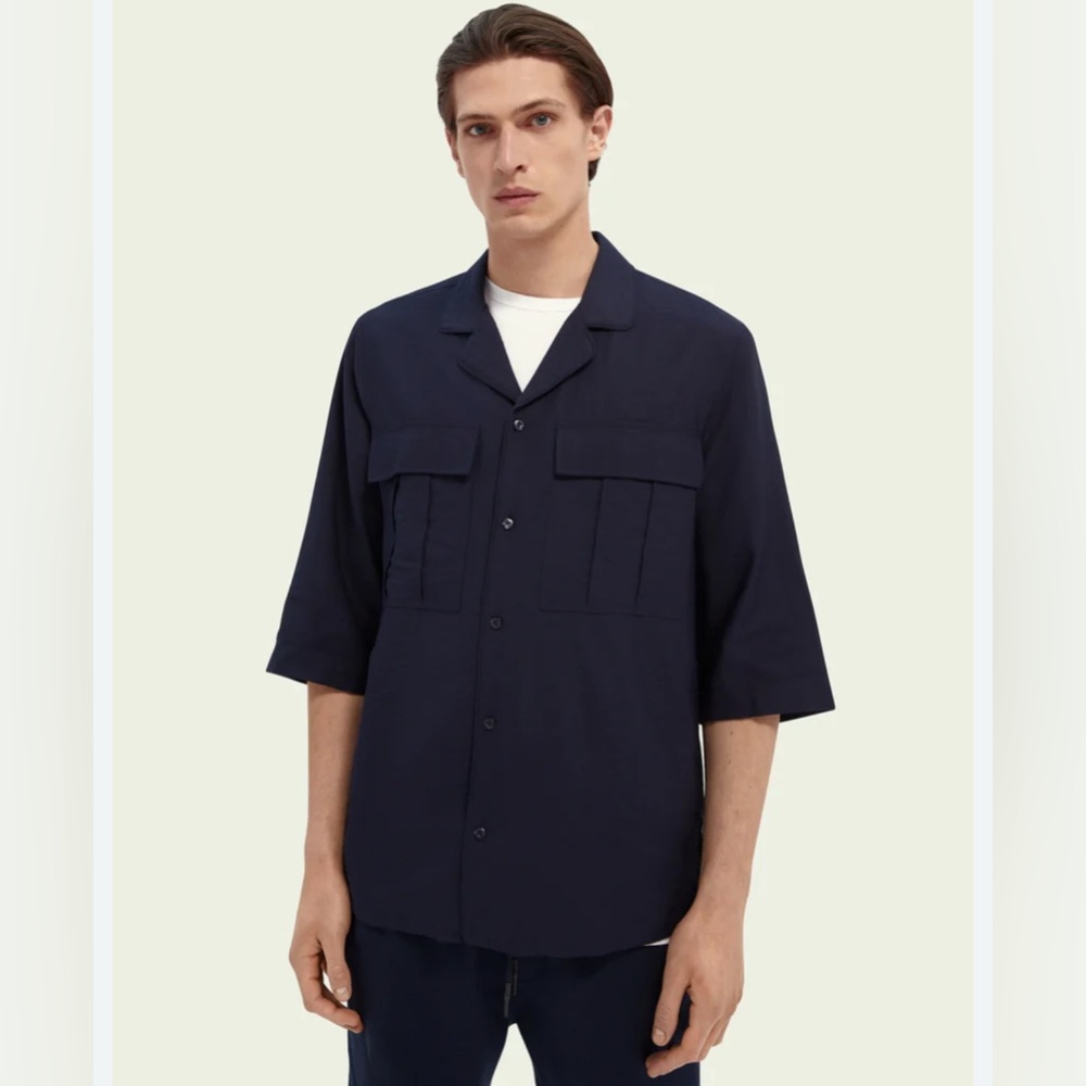 SCOTCH &‎ SODA Men’s 3/4 Sleeve Button up Shirt Navy Viscose Blend Size SMALL
